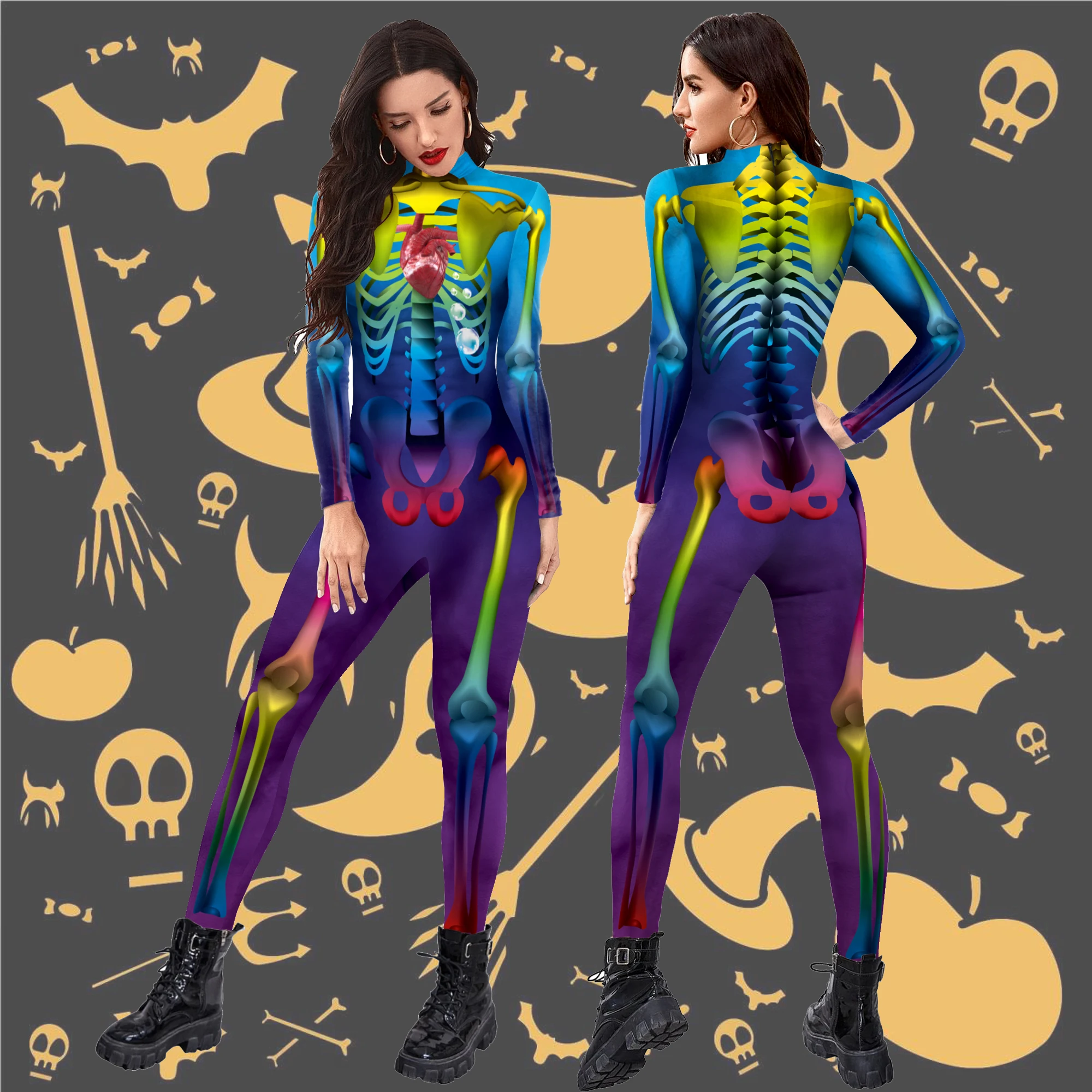 

Zawaland Scary Skeleton Printed Bodysuit Halloween Party Cosplay Costume for Adult Jumpsuit Zentai Catsuit Carnival Clothing
