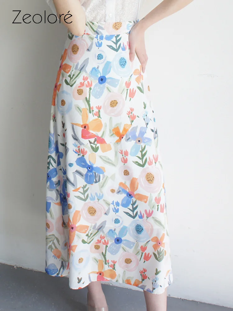 

Zeolore Spring Summer Floarl Printed High Waist A Line Skirts Women Elegant Mid Length Polyester Blue Skirt QT1744