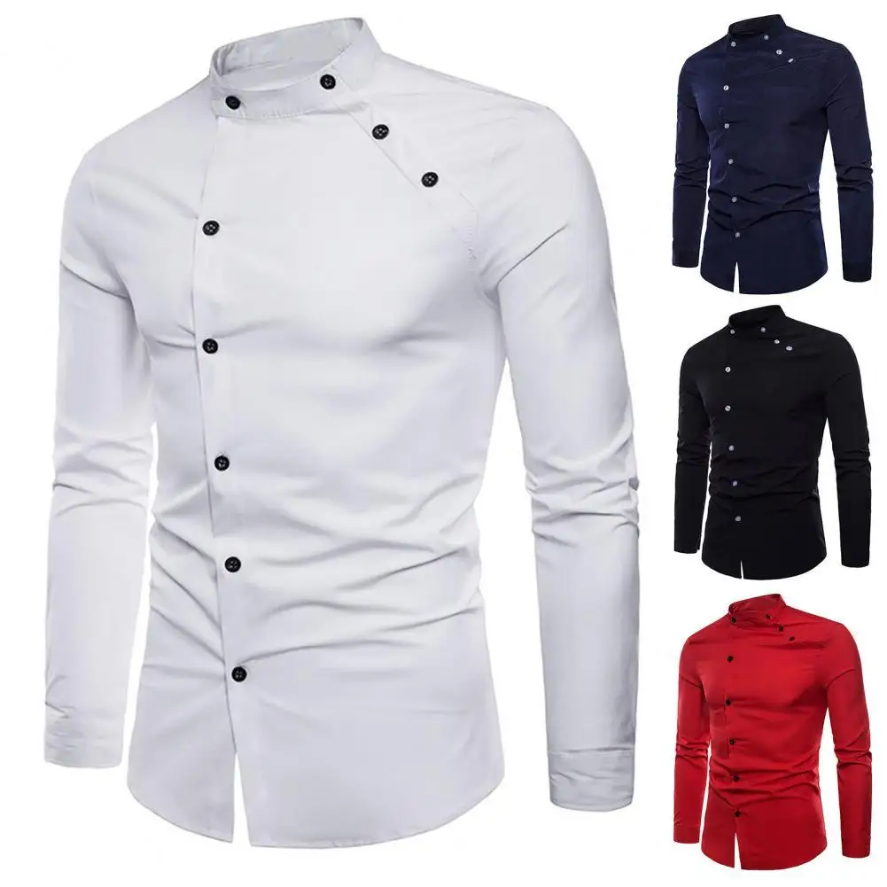

2022 New Men Shirt Solid Color Single-breasted Long-sleeved Slim Fit Double Placket Spring T-shirt for Daily Wear