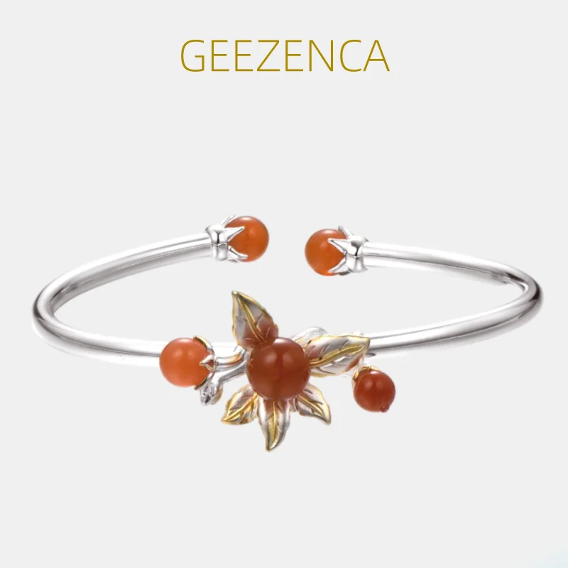 

GEEZENCA 925 Silver Amber Agate Jade Jasper Flower Open Bangles For Women Vintage Luxury Natural Stone Bangle 2022 New Jewelry