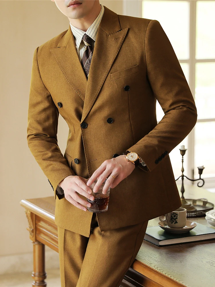 Double Breasted Suit Set Men's High Sense Business Guest look Slim fit Korean Sle Pu Shuai British Casual Outerwear