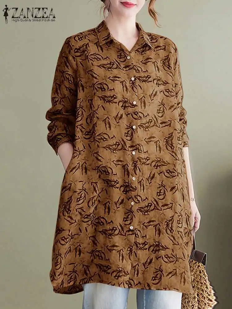 

ZANZEA 2023 Summer Long Blouses Fashion Women Plant Printed Shirt Casual Lapel Long Sleeve Cardigan Holiday Bohemian Pocket Tops