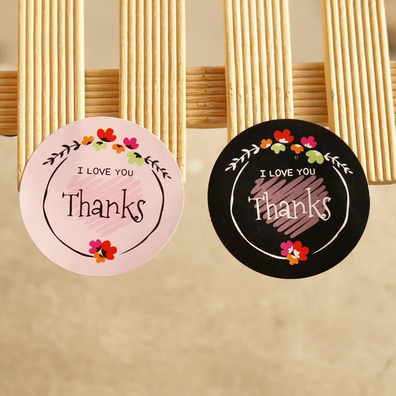 

60/120pcs Thanks Stickers Black Pink Flower Wreath Pattern Paper Labels Thank You Gift Sealing Sticker Baking Package Decoration