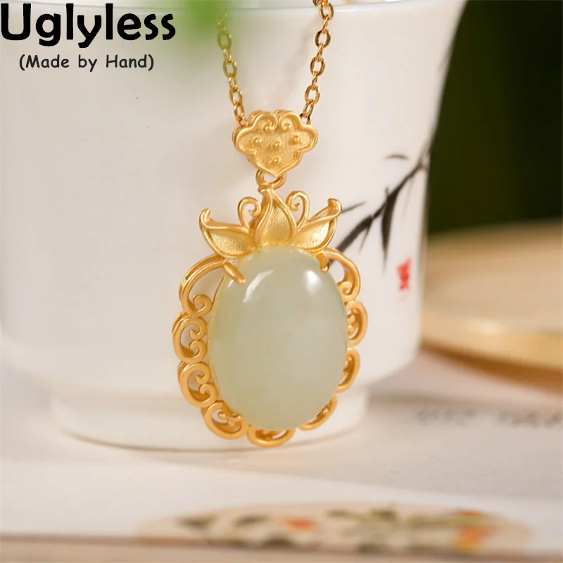 

Uglyless Gold Ethnic Lotus Necklaces for Women Natural Jade Nephrite Pendants +Chain 925 Silver Vintage Oriental Dress Jewelry