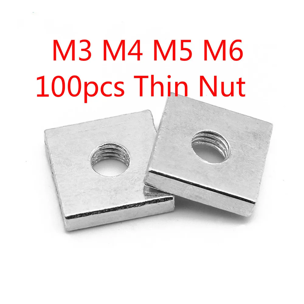 

100pcs Square Nut M3 M4 M5 M6 Carbon Steel Galvanized Zinc Plated Thin GB39 DIN 562 Quadrangle Block Compatible with Prusa MK3