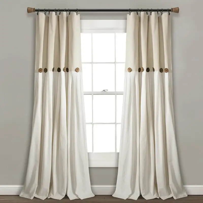 

Button Farmhouse Chic Solid Color Cotton Blend 3" Rod Pocket Light Filtering Window Curtain For Living Room and Bedroom, Linen,