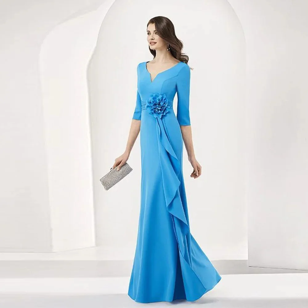 Элегантное голубое атласное платье с длинным рукавом для матери невесты платья