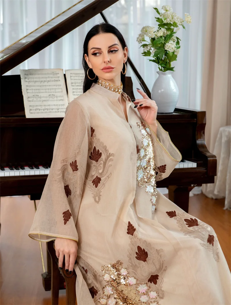 Muslim Abaya Dress Dubai Ramadan Sequins Floral Embroidered Casual Loose Robe Moroccan Caftan Dresses For Women
