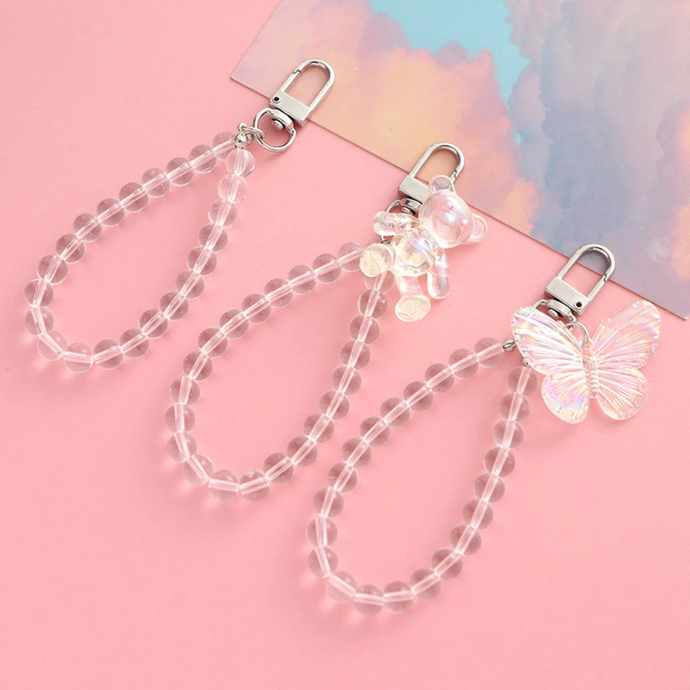 

8mm Acrylic Butterfly Pearl Bracelet Keychain Car Phone Pad Key Chain Cute Bear Couple Bag Pendant Key Ring Accessories