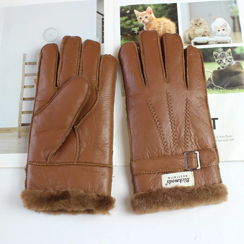 New Sheepskin Fur Gloves Men's Leather Thicken Winter Warm Outdoor Windproof and Cold-proof Finger Gloves