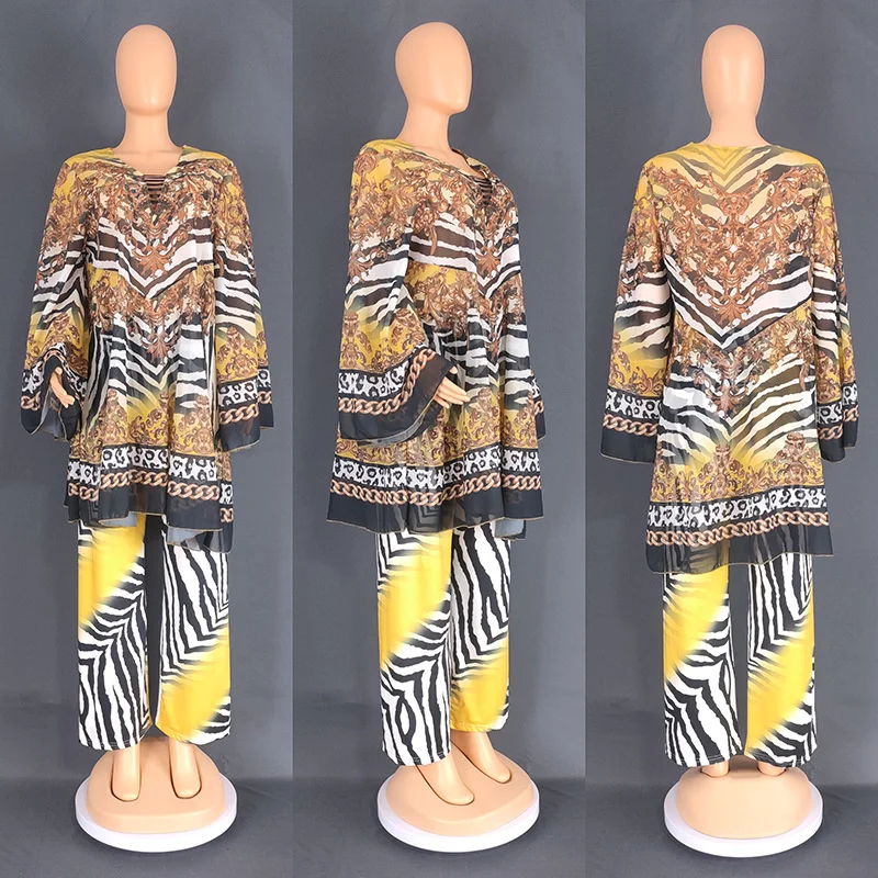 Plus Size Women Clothing New Fashion Trouser Set Printed Chiffon Flare Sleeves Large Loose Two Piece Set Women Outfit 2023