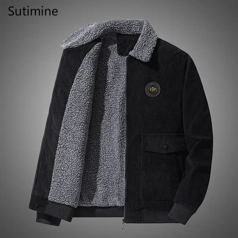Men Clothing Winter Coat Casual Turn-down Collar Corduroy Coat Thickened Cashmere Jacket Warm Cotton Coat hooded Coat Men Winter
