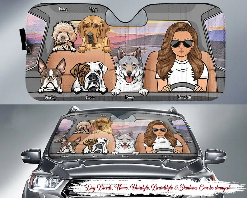 

Car Windshield Sun Shade, Driving Person With Dogs, Car Accessories, Windshield Sunshade, Dog Lover, Dog Mom Gifts, Car Windshie