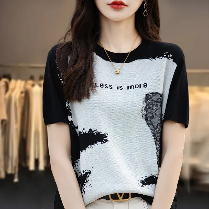 Женская летняя вязаная футболка из вискозы с коротким рукавом