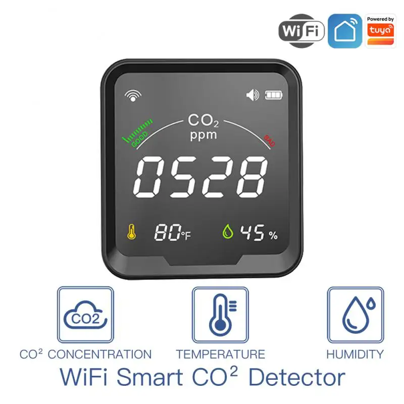 

Multi-Function Tuya WiFi CO2 Carbon Dioxide Air Quality Monitor Detect&Test Temperature Humidity Sensor Air Ventilation Levels