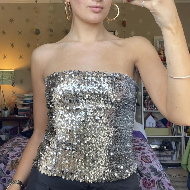 

Y2K Aesthetics Sexy Strapless Tank Crop Top Sparkly Sequined Retro Tube Tops Chic Women Vintage Slim Fit Off Shoulder Camis 2022