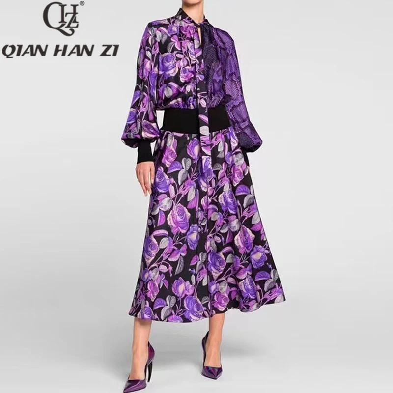 

QHZ дизайнерское модное женское платье 2023 шарф воротник рукав-фонарик ретро цветочный принт панели элегантное тонкое пляжное длинное платье для отпуска