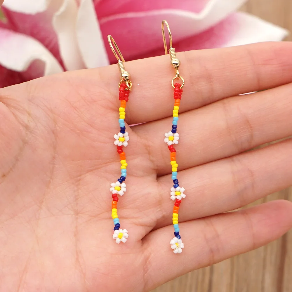 

Simple Bohemian Style MGB Rice Beads Handmade Original Rainbow Daisy Flower Beaded Long Earrings for Women