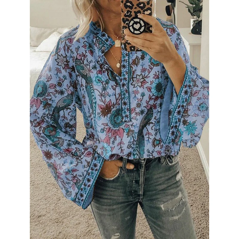 Female Tee Shirts Blouse Women Print Blouses Casual Loose Tops Stand V Neck Long Sleeves Button Plus Size Pullover