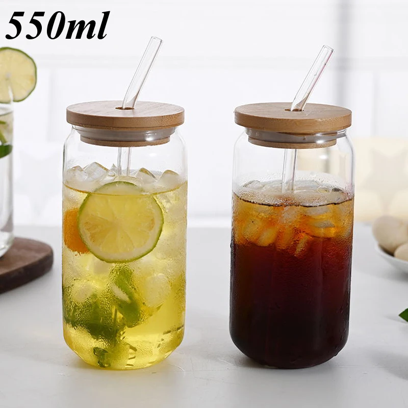 

550ml Glass Can Cups With Lid Straw Transparent Bubble Tea Cup Juice Glass Beer Can Milk Mocha Cups Breakfast Mugs For Household
