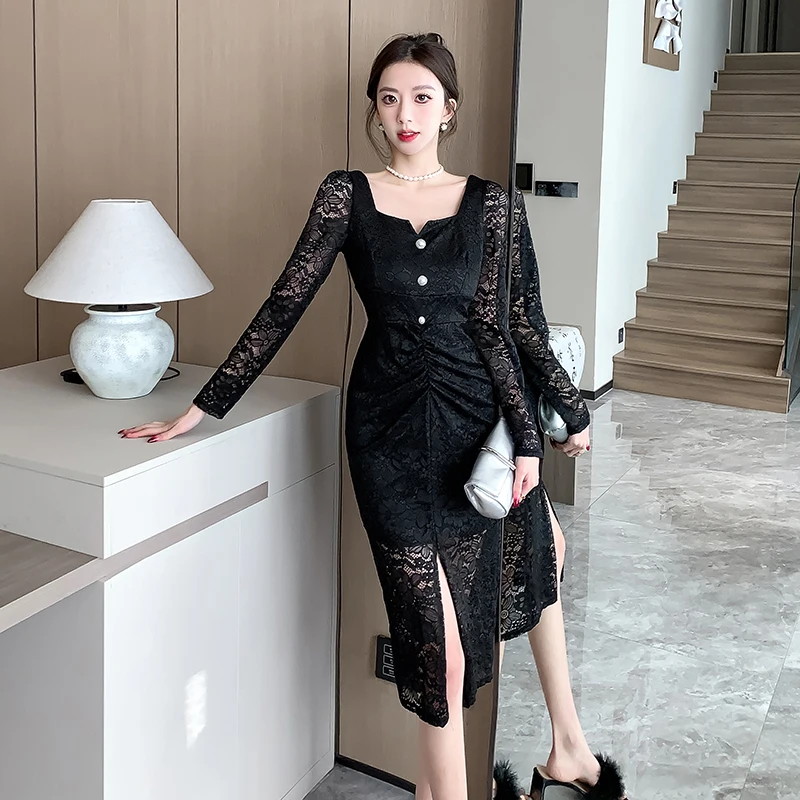 Coigarsam женское платье 2024 винтажное кружевное черное с длинным рукавом и