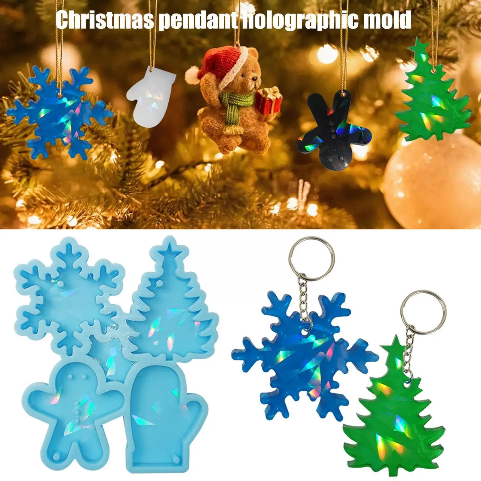 

Christmas Pendant Holographic Mold Snowman Snowflake Keychain Epoxy Resin Silicone Mold For Diy Tag Decor Crystal Pendant J9a1