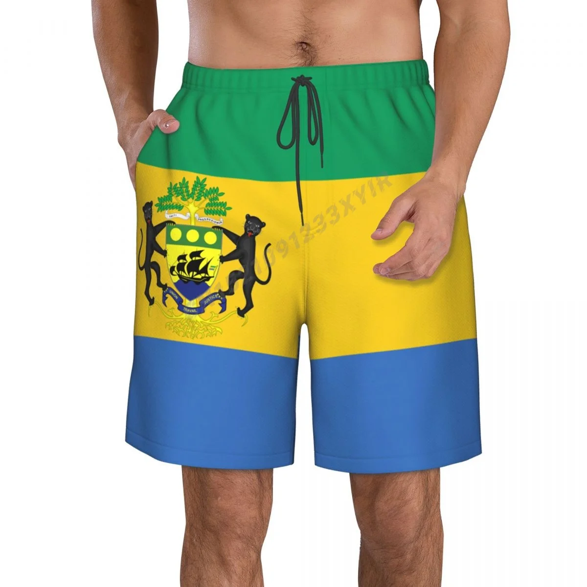 Summer Men's Gabon Flag Beach Pants Shorts Surfing M-2XL Polyester Swimwear Running