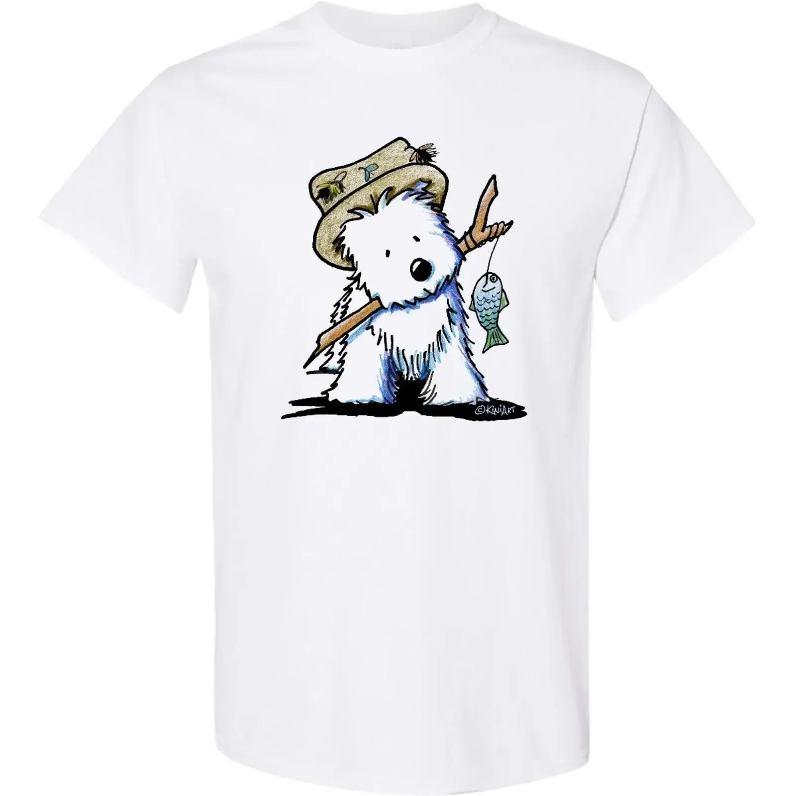 Фото Футболка Inktastic Westie Fishing Buddy KiniArt с изображением собаки породы Вест-хайленд-терьер, винтажная, с эффектом потертости, универсальная, эластичная, в уличном стиле №1