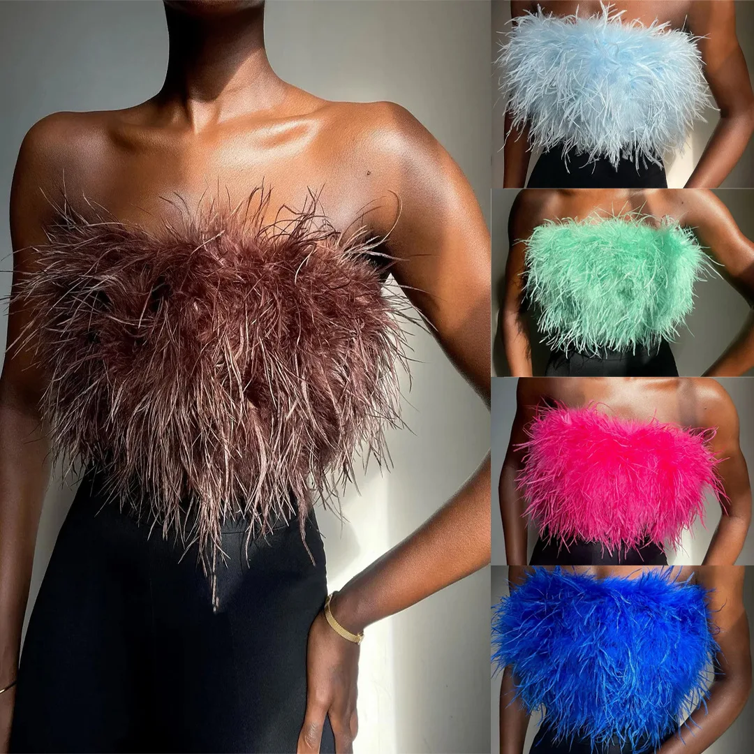

Women Tube Top Top Ultra-short High Street Spring and Summer Sexy Pullover Sleeveless Fashion Fluffy Multicolor Furry Tube Top