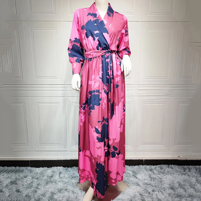 Eid Ramadan Malaysia Muslim Dubai Dress Women 2022 Maxi Long Sleeve Print Abaya With Belt Traditional Arabic Moroccan Lady Dress