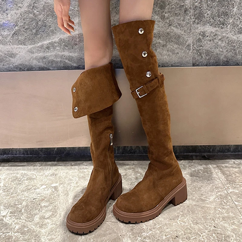 

Knee High Women Mid Heels Shoes Platform Suede Chelsea Boots Winter 2024 Trend New Chunky Zipper Over The Knee Mujer Boots Pumps