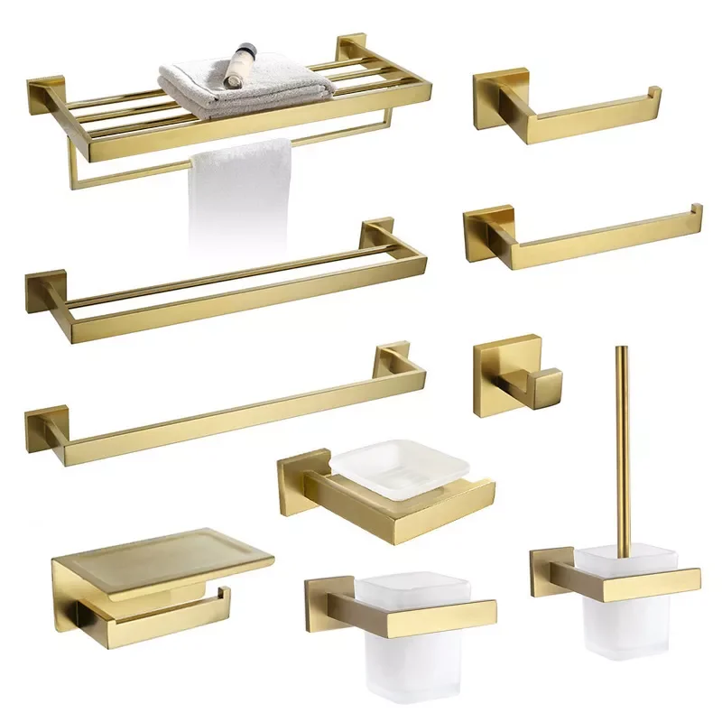

NEW2023 Gold Brushed Towel Bar Rail Toilet Paper Holder Towel Rack Hook Soap Dish Toilet Brush Bathroom Accessories Hardware