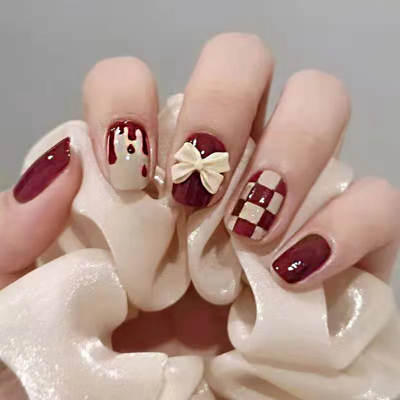 

24 Pcs/Box Bow Red Checkerboard Art Fake Nails Press on Square Head Full Cover Detachable Finished Fingernails Reuseable
