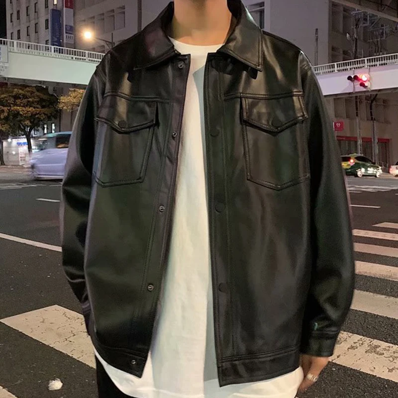 

Mens Fashion Leather Jacket Loose Stand Collar PU Jacket Male Anti-wind Motorcycle Lapel Diagonal Zipper Jackets Men Clothing