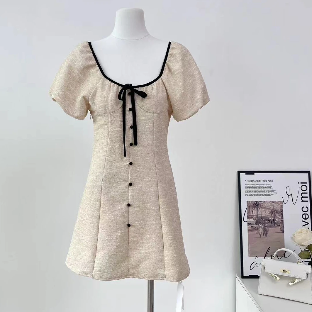 

Bubble Short Sleeve Small Fragrant Wind Bow Sweet Dress Female O-neck Vintage Slim Thin Tweed Mini Kawaii Dress Women Summer