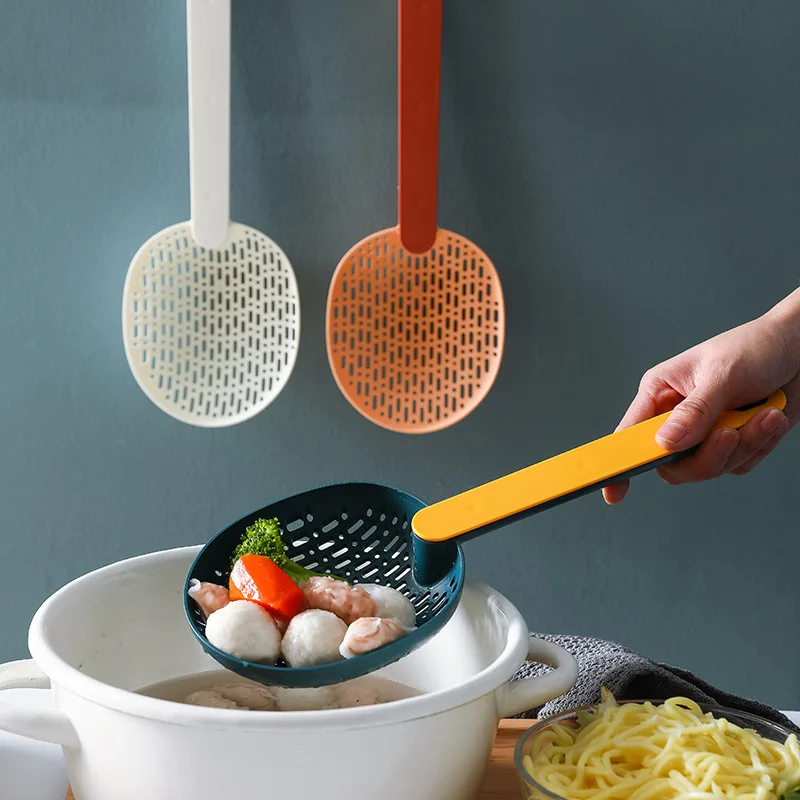 

Colander Long Handle Food Strainer Solid Color Kitchen Cooking Scoop Plastic Filter Sieve