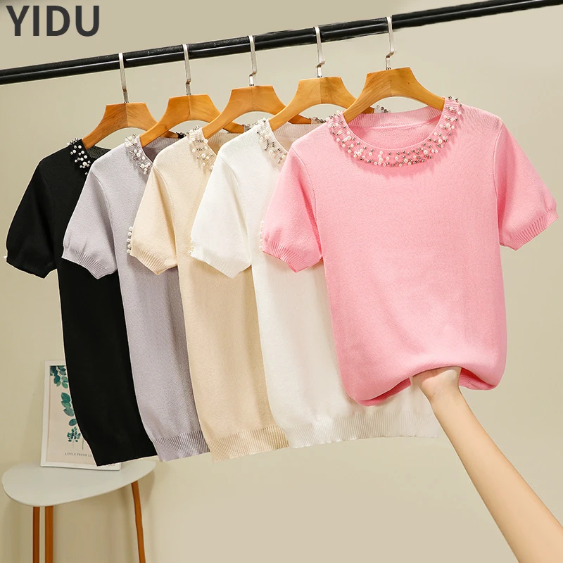 

YIDU Heavy Beads Diamond-Studded Design Round Neck Pullover Short Sleeve T-shirt Women's 2022 Summer Ice silk yarn New Top