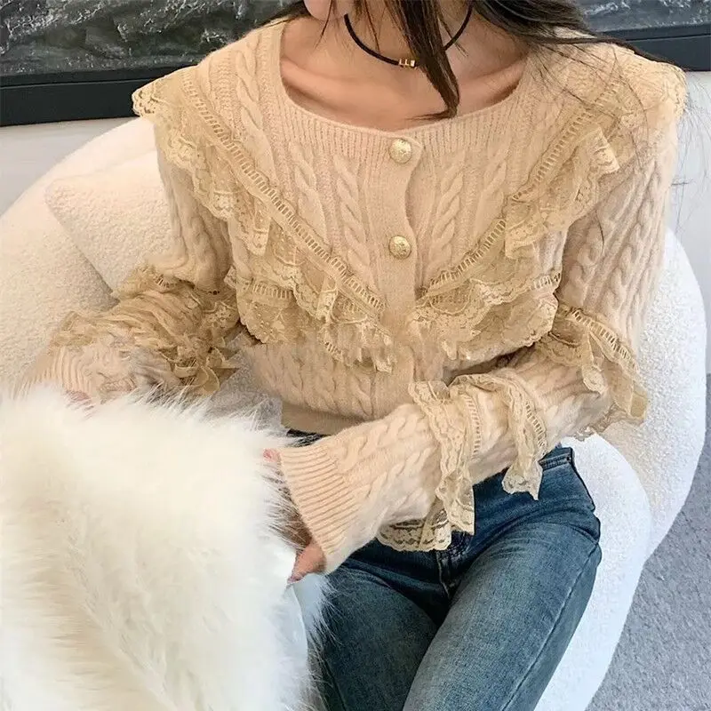 

DAYIFUN с квадратной горловиной вязаный кардиган для женщин; Сезон осень; С сеткой и блестками, Свитера с оборками чувство дизайна Кнопка вязан...