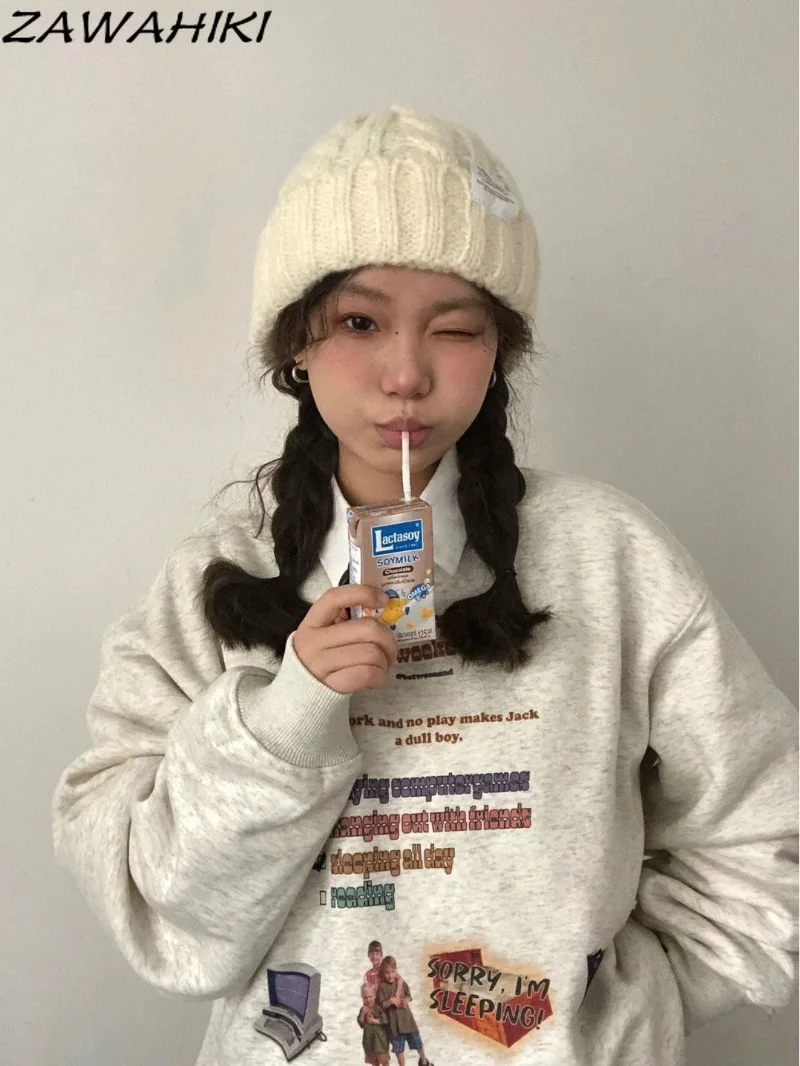 

Винтажная свободная толстовка с круглым вырезом, Женская милая толстовка с мультяшным принтом животных, Повседневная Свободная уличная одежда, повседневная женская одежда Kpop