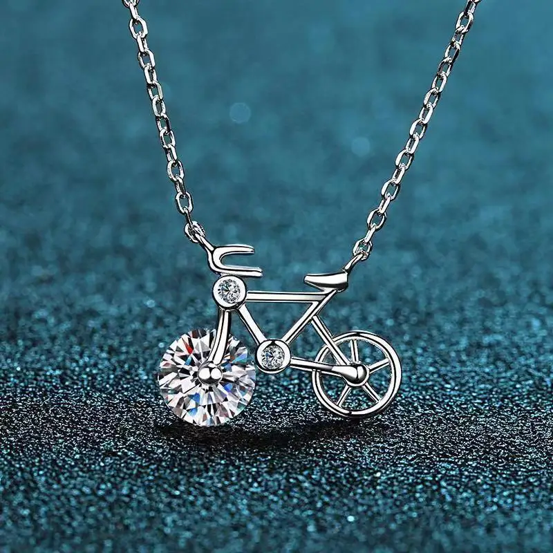 

Fashion Simple Bicycle Pendant Necklace Womens Mozambique Diamond Cyclist Party Jewelry Anniversary Gift