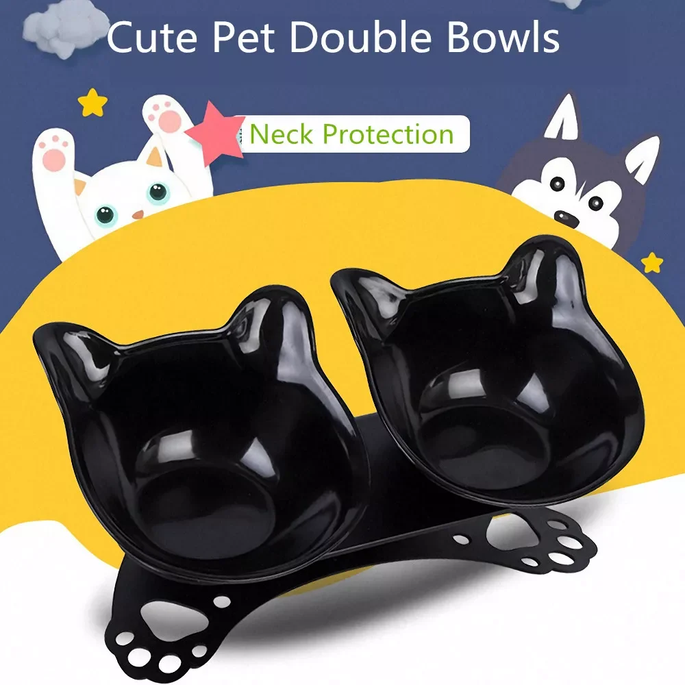 

Pet Feeder Dog Cat Double Bowls Cartoon Cat Neck Protection Drinking Dish Feeder Puppy Non Slip Feeding Bowls Pet Supplies