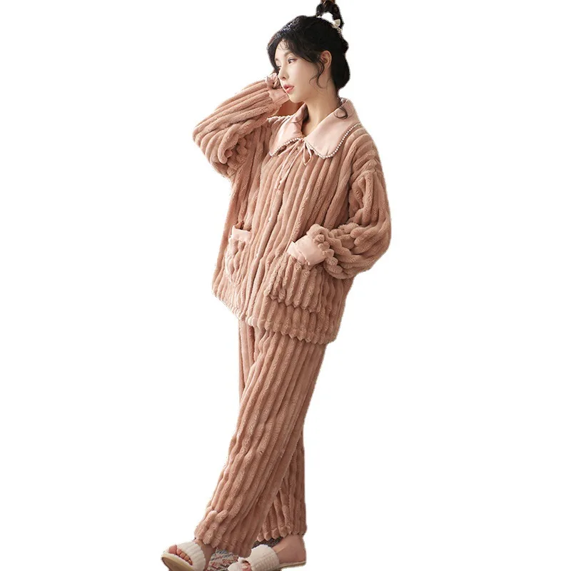 New Fashion Women Girl's Flannel Pajamas Set Pyjama For Winter Thermal Homewear Sleepwear Nightwear Set Sleeping Clothing