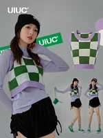 uiuc check knit vest women 2022 spring sweet style mini knit sleeveless sweaters ladies chic pullovers