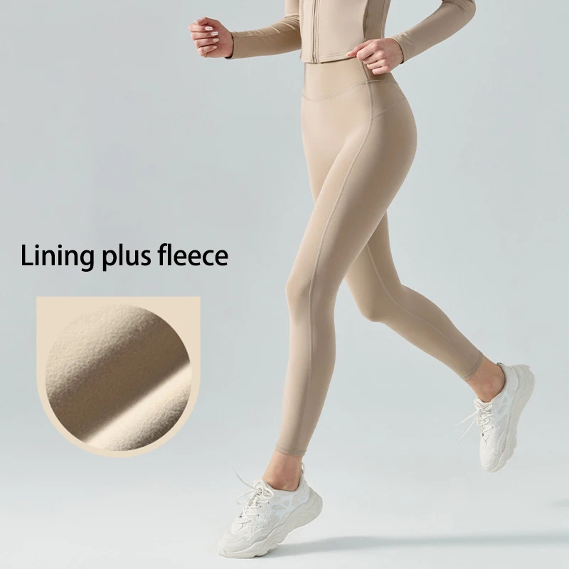 Autumn And Winter New With Logo Yoga Pants Women's Lining Plus Fleece Warm Sports Fitness Tights High Waist Outer Wear Leggings