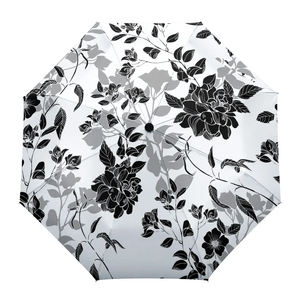 

Flower Lines Black And White Windproof Umbrellas Travel Folding Umbrella for Female Male Eight Bone Automatic Printed Parasol