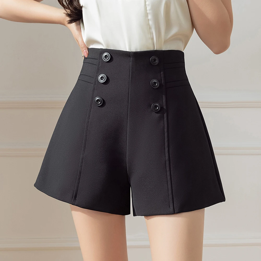 Women Fashion Duoble Breasted Casual Suit Shorts Vintage High Waist Back Zipper Female Short Elegant Office Lady Loose Bottoms