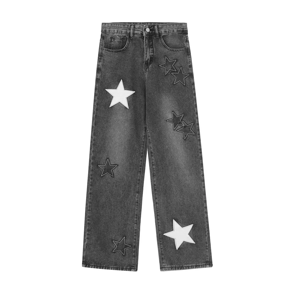 Blue Fashion Star Embroidered Jeans Mens Trendy Washed Loose Straight Denim Pants American Style High Street Wide Leg Trousers