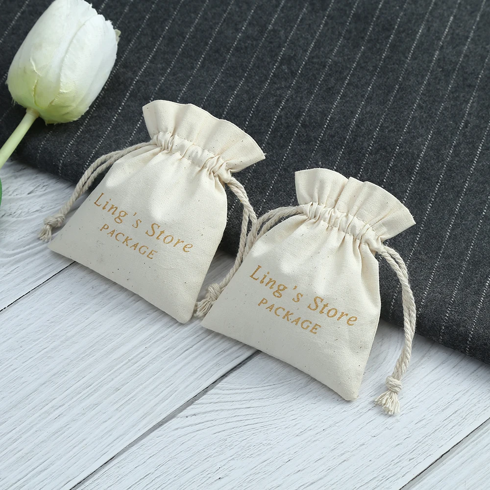 100 Personalized logo Nature Cotton Jewelry Drawstring Small Gift Bag Packing Organizer Fungus Pouch for Wedding Party Candy Bag