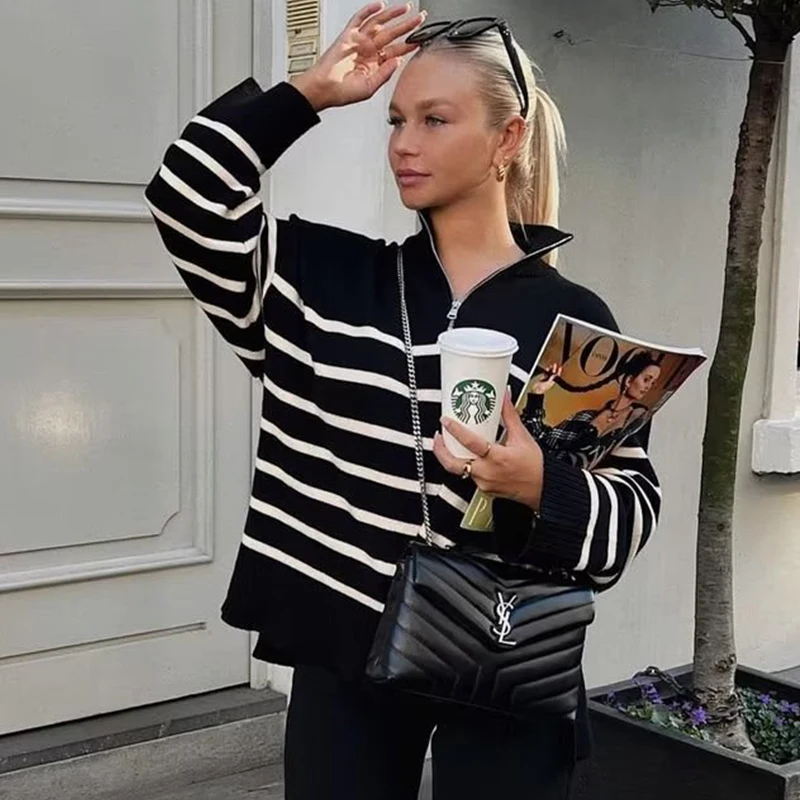 

Женский трикотажный свитер на молнии, с длинным рукавом и молнией