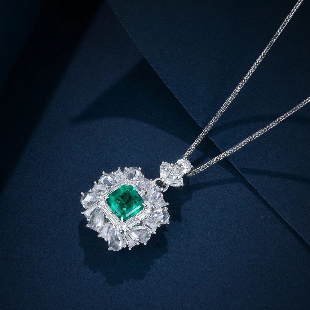 Фото Новое серебряное квадратное ожерелье S925 Pagoda 8*8 Wood Sasa Azul Green, 3 карата, модное ожерелье с бриллиантами, 60 см, свадебные украшения №2